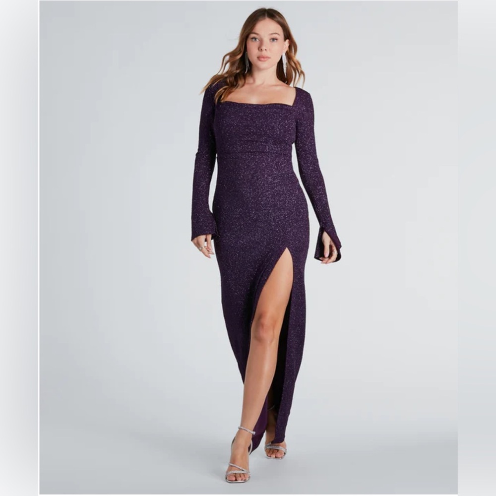 NEVER WORN Windsor Jess Formal Glitter Ling Sleeve Slit Dress